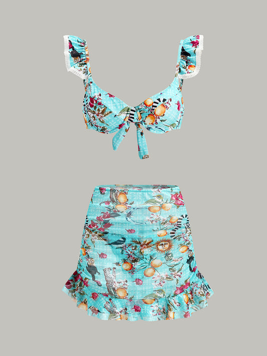 Çiçekli Bikini Takımı Etek Açık Mavi 3 Parça