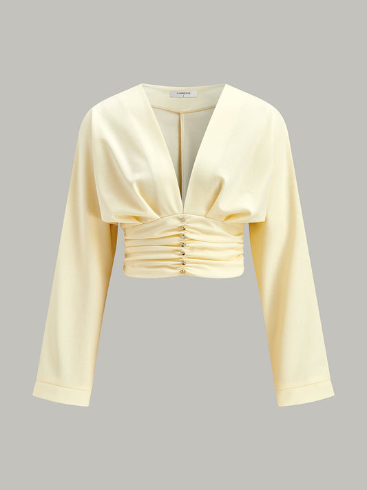 V Yaka Kısa Bluz Asimetrik Bel Düğme Detaylı Açık Sarı