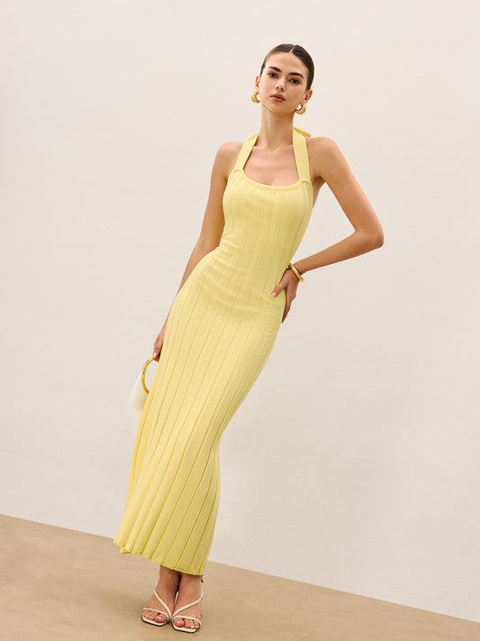 Askılı Triko Maxi Elbise Açık Sarı Çizgili Yaka