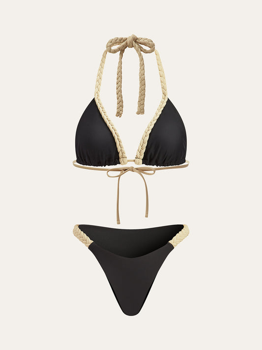 Örgülü Askılı Bikini Takımı Siyah Kontrast Biyeli