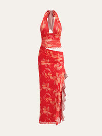 Yarım Şeffaf Çiçekli Halter Maxi Elbise Kırmızı