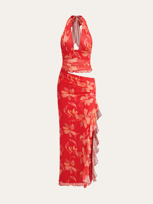 Yarım Şeffaf Çiçekli Halter Maxi Elbise Kırmızı