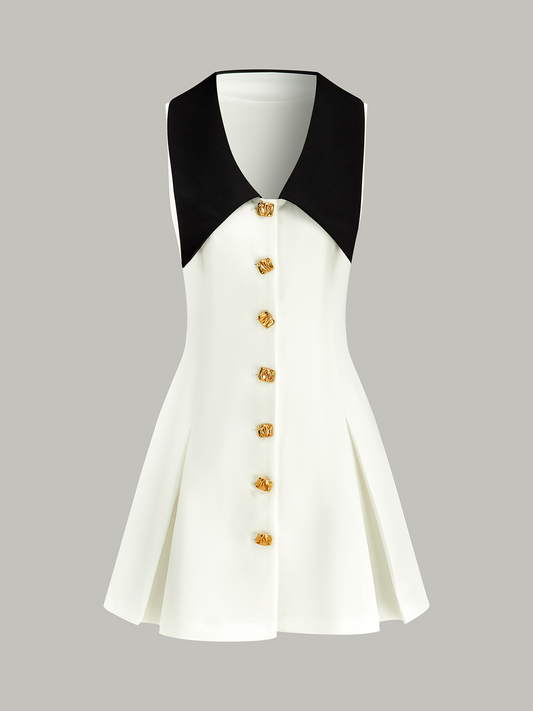 Altın Düğmeli V Yaka Kadife Abiye Elbise Beyaz Kolsuz