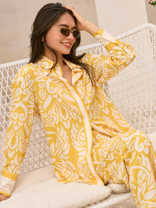 Desenli Uzun Kollu Gömlek Sarı Oversize Kesim