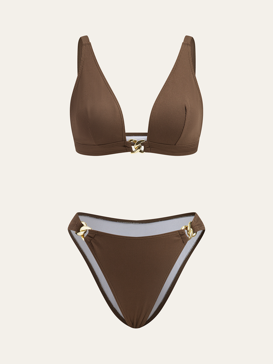 Metal Detaylı Bikini Takımı Kahverengi Örgü Desenli