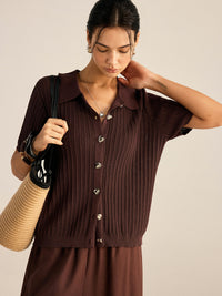 Kemikli Örgü Polo Yaka Hırka Kahverengi Regular Fit