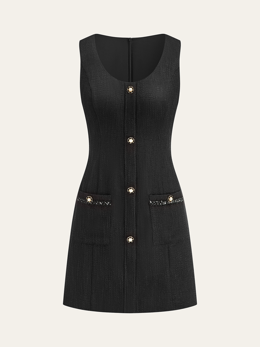 Kolsuz Düğmeli Mini Takım Elbise Siyah Tweed