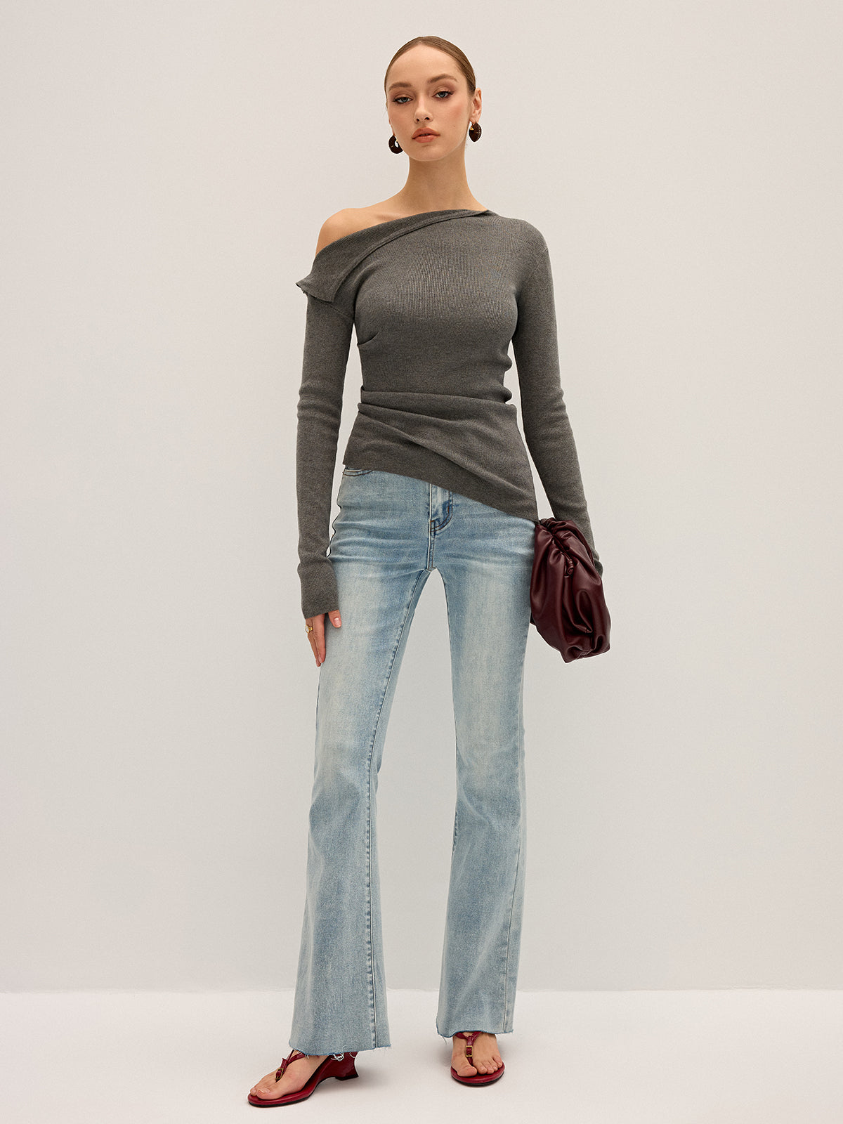 Tek Omuz Ribana Örgü Bluz Gri Uzun Kollu