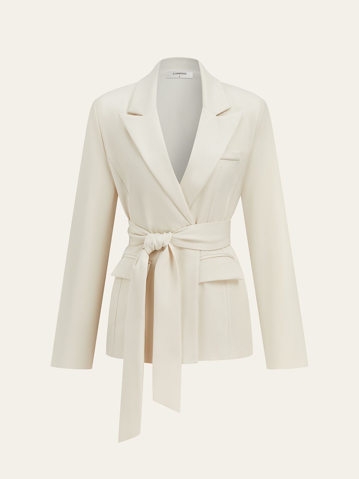 Uzun Kollu Kuşaklı Blazer Beyaz Dokuma Ceket