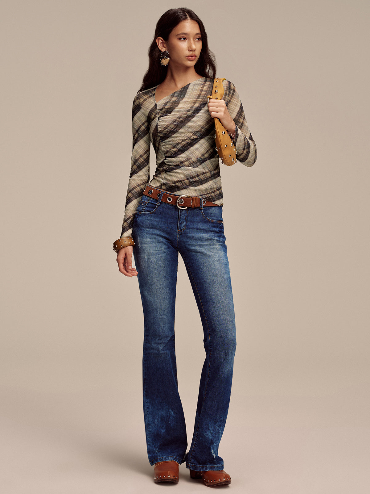 Yarı Şeffaf Ağ Mesh Asimetrik Büzgülü Bluz Bej Kahverengi