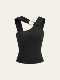Asimetrik Askı Metal Detaylı Kolsuz Bluz Siyah Slim Fit