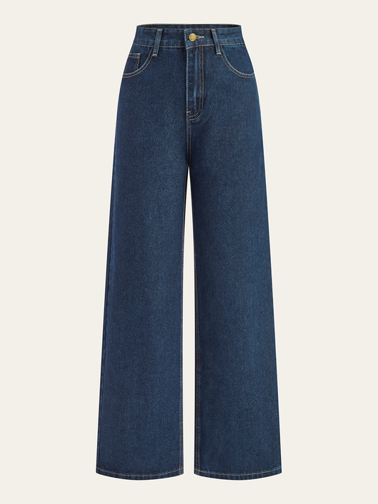 Yüksek Bel Bol Paça Kot Pantolon Lacivert Denim
