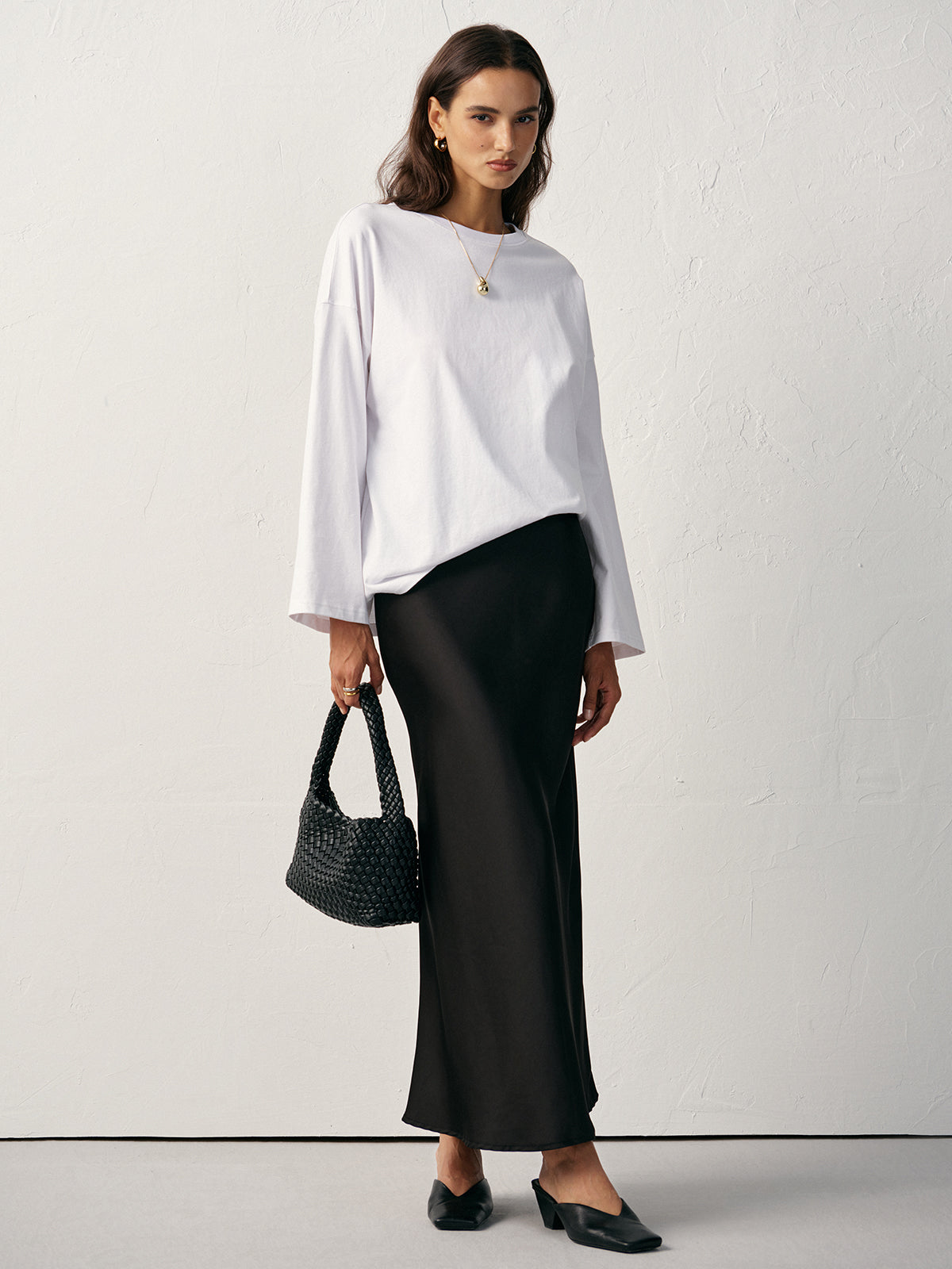 Uzun Kollu Pamuk Tişört Beyaz Bisiklet Yaka