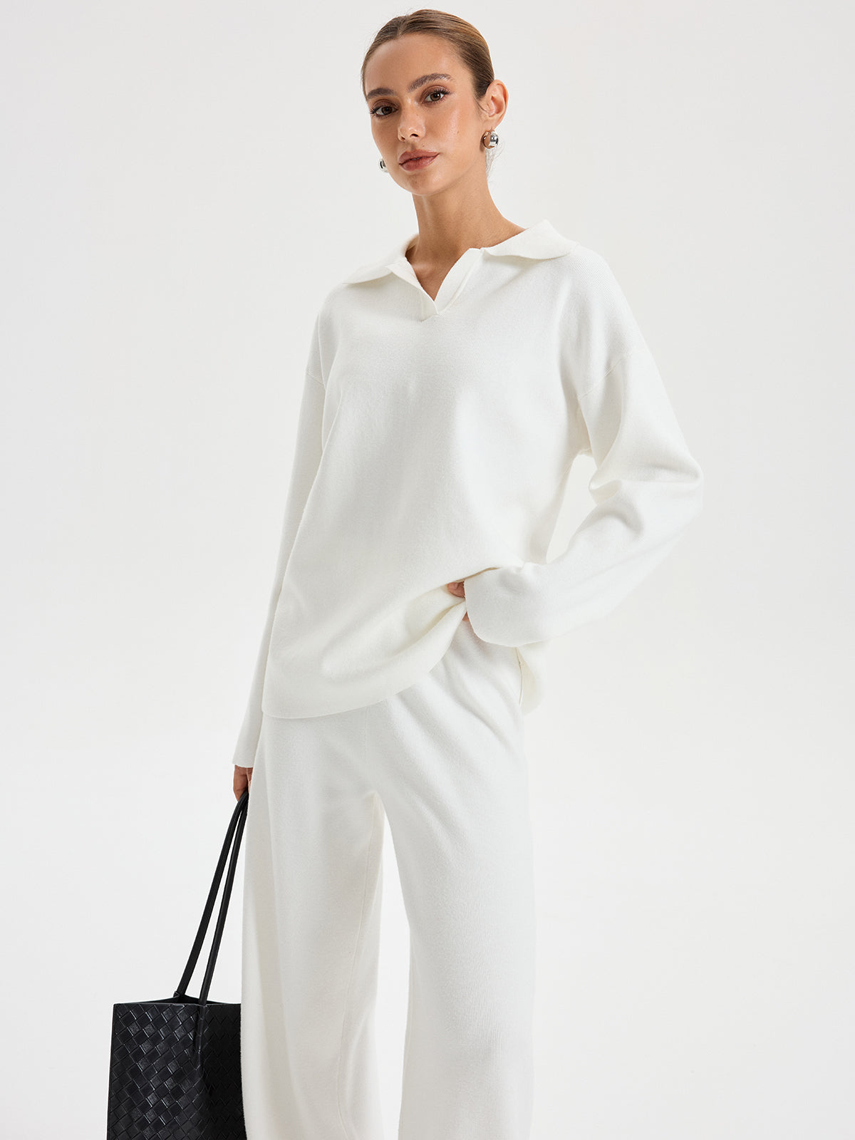 Oversized Polo Triko Takım Seti Beyaz Düz Kesim