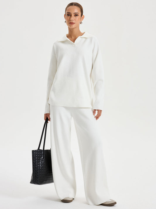 Oversized Polo Triko Takım Seti Beyaz Düz Kesim