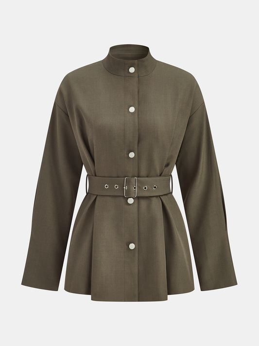 Stand Yaka Kemerli Trençkot Haki Uzun Kollu