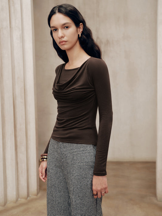 Uzun Kollu Drapeli Yuvarlak Yaka Tişört Koyu Kahverengi Slim Fit