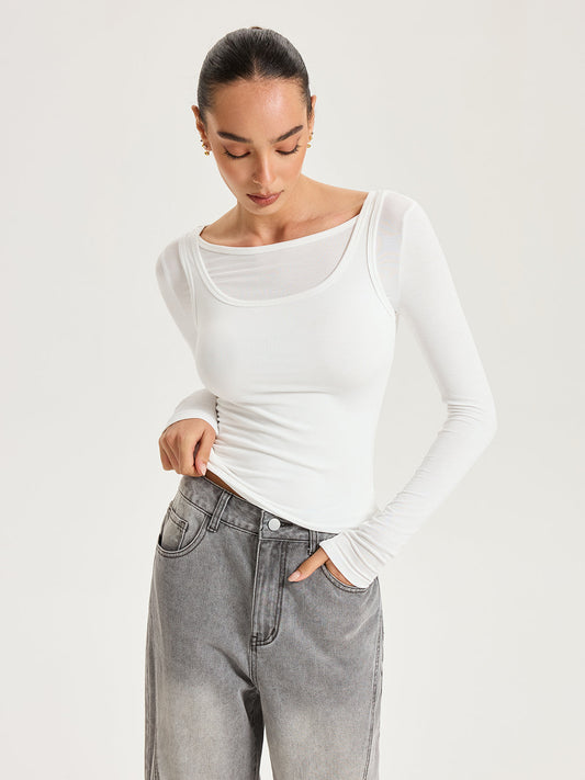 2'li Uzun Kollu Modal Tişört Beyaz Slim Fit