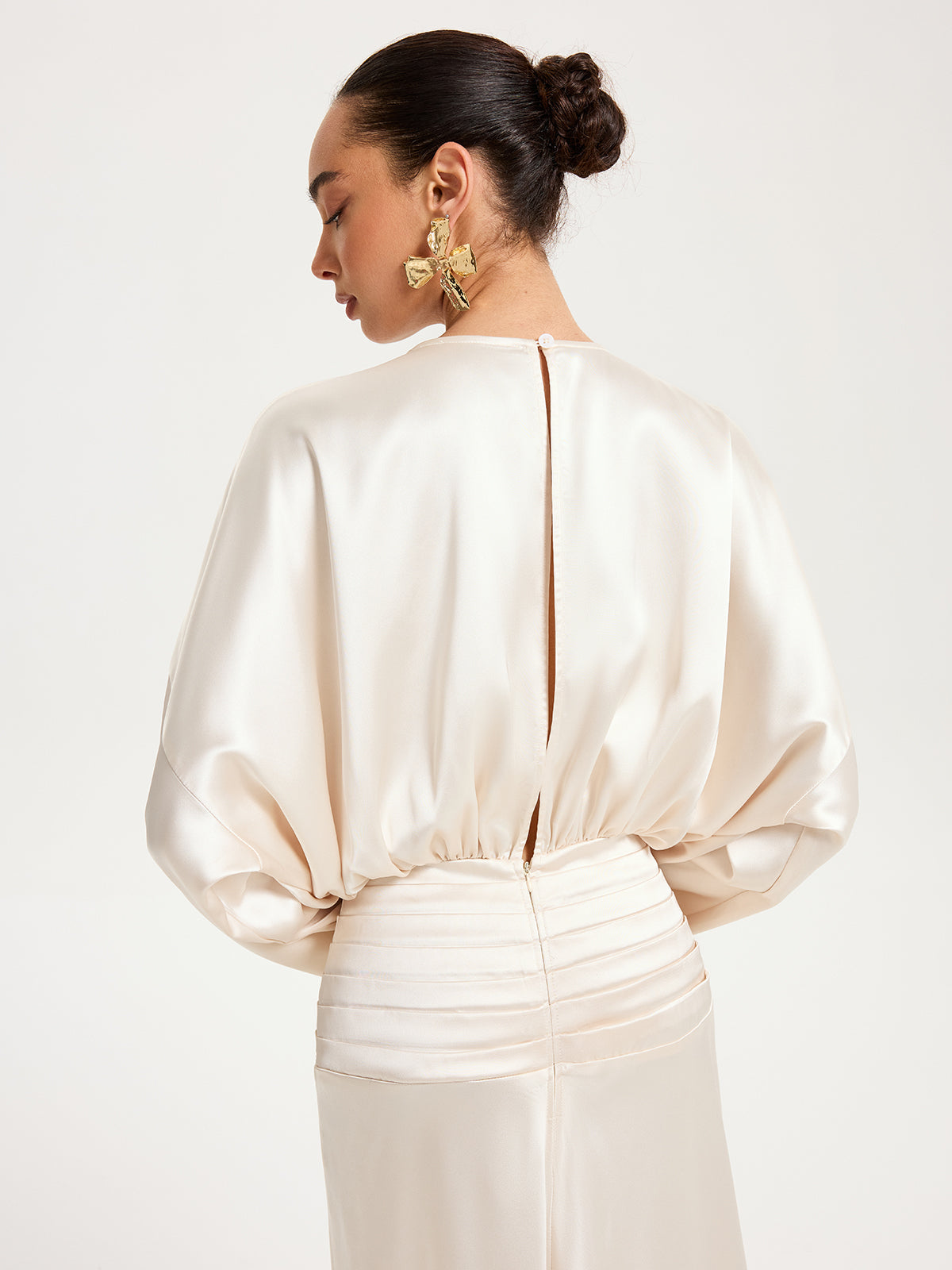 Zarif Saten Abiye Uzun Elbise Champagne Bisiklet Yaka