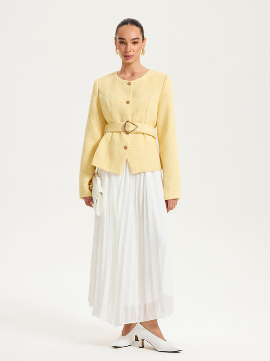 Düğme Detaylı Kemerli Tweed Ceket Sarı Regular Fit