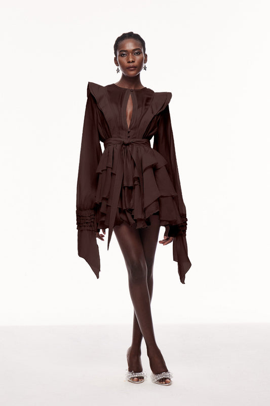 Volanlı Kesim Detaylı Mini Elbise Kahverengi V Yaka