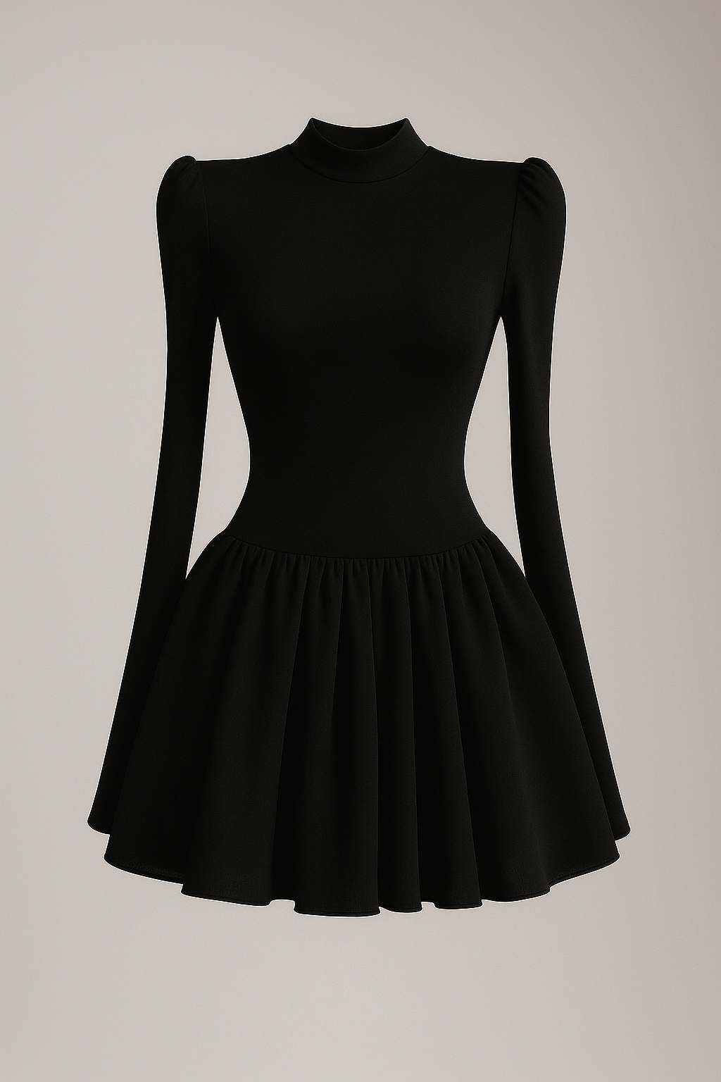 Siyah Mini Abiye Elbise Uzun Kol Dik Yaka