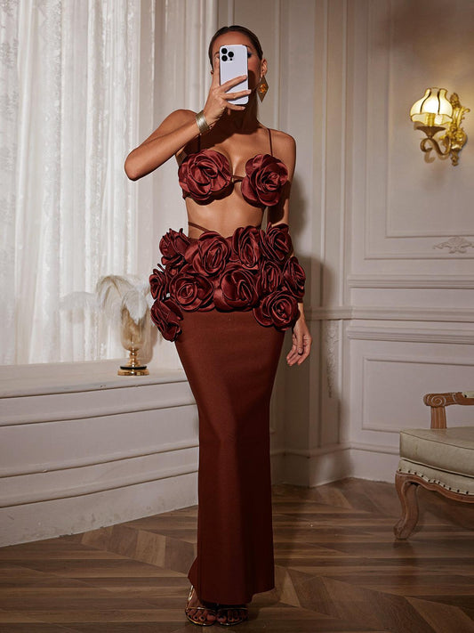 Irma Çiçekli Bandaj Etek Takımı Bordo Straplez