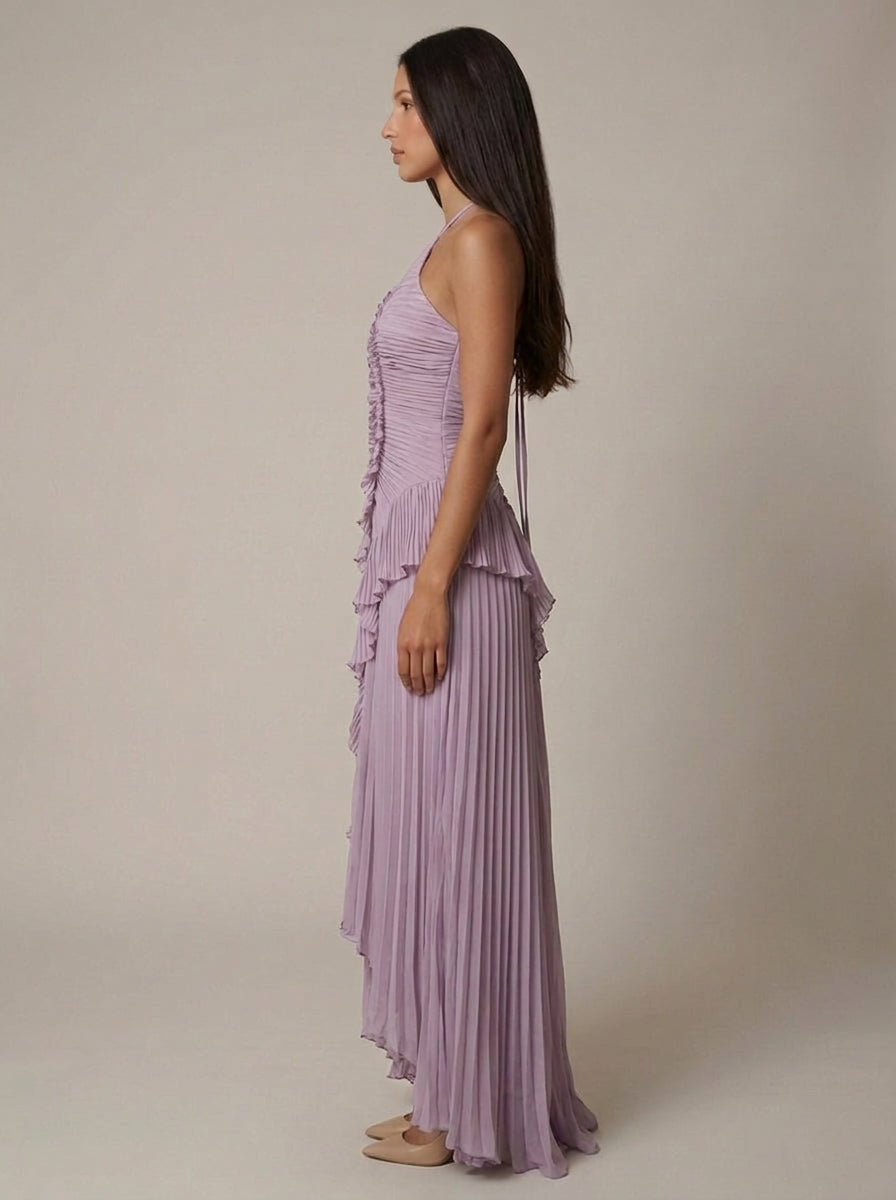 Halter Yaka Maxi Elbise Mor Pileli Detaylı