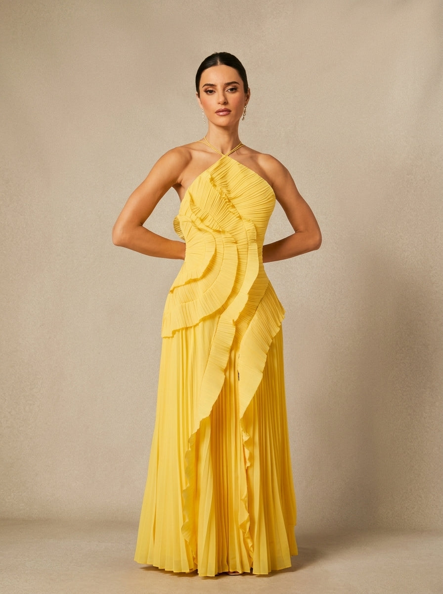 Halter Yaka Maxi Elbise Mor Pileli Detaylı