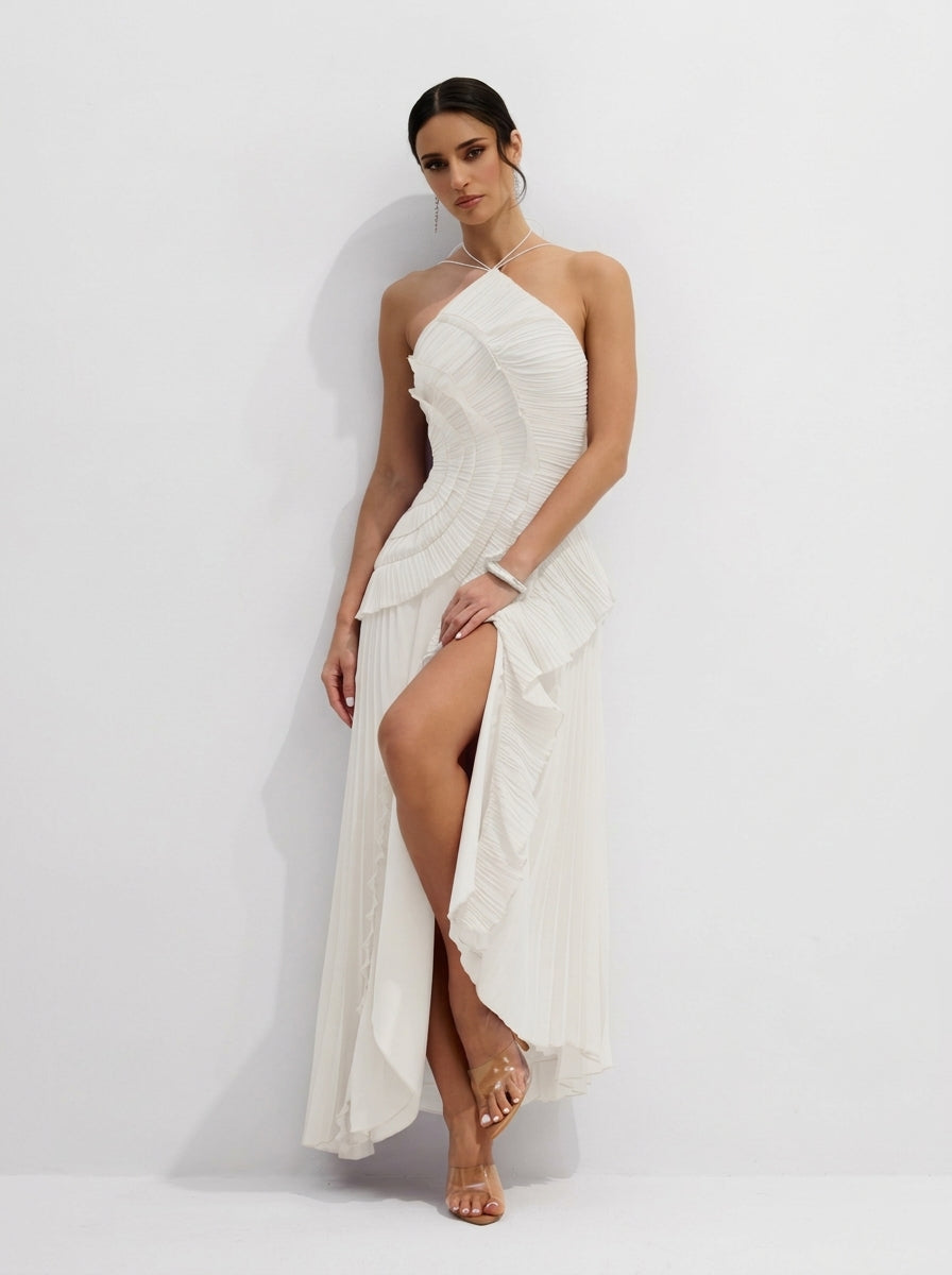 Halter Yaka Maxi Elbise Mor Pileli Detaylı