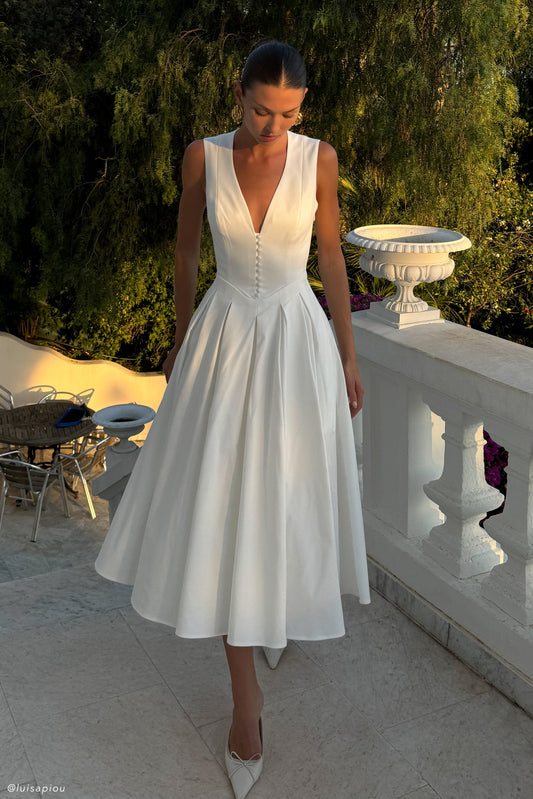 ROF Keely Pamuklu Kolsuz Midi Elbise - Beyaz