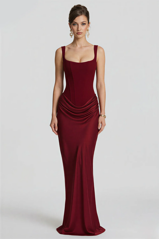 Arkası Bağcıklı Bordo Maxi Elbise