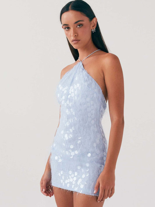 Pul İşlemeli Boyundan Bağlamalı Mini Elbise Açık Mavi