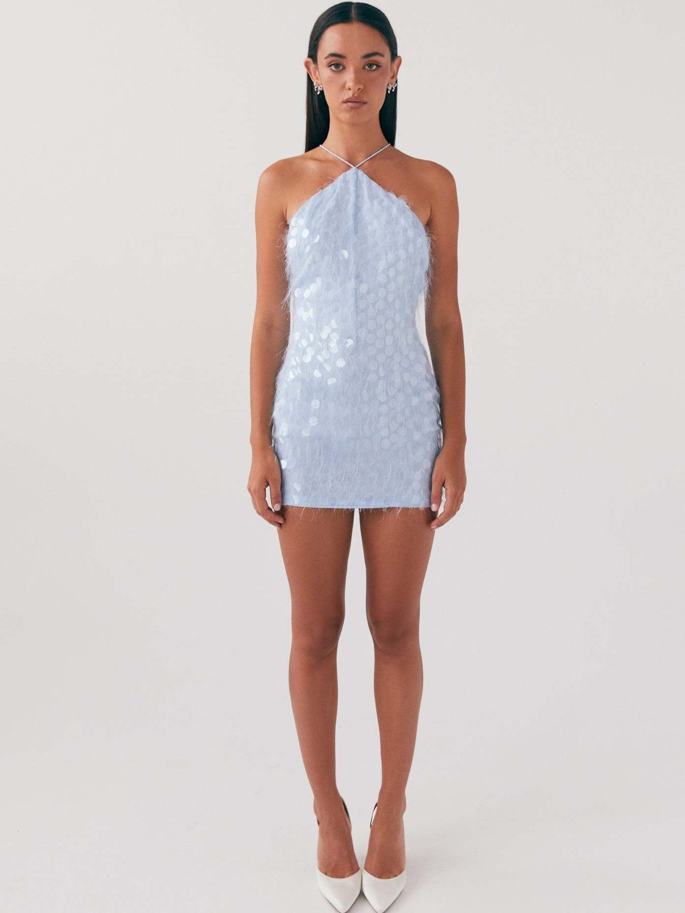 Pul İşlemeli Boyundan Bağlamalı Mini Elbise Açık Mavi